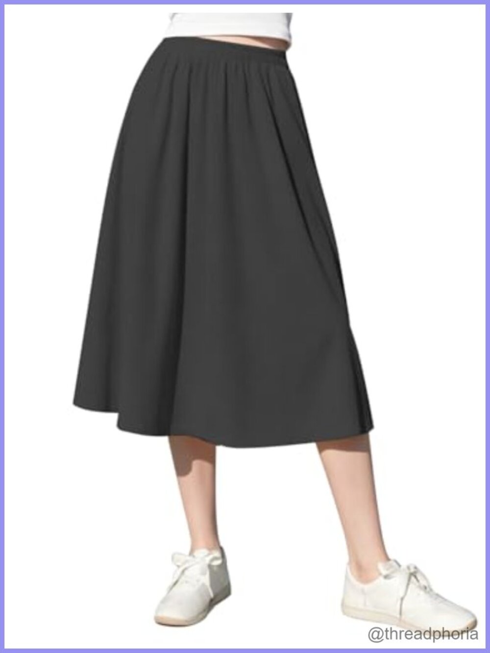Ribbed Knit A-Line Midi Skirt High Waist Pull On Stretch